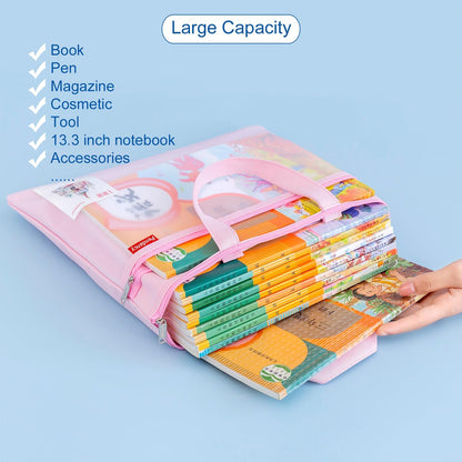 Mesh Zipper Pouch A4 Size, Large Double Pocket Waterproof File Bag with Handle, 11x13.8 in Foldable Document Storage for Puzzle Project/Cross Stitch/Travel/Office（Advanced Pink）