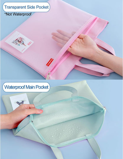 Mesh Zipper Pouch A4 Size, Large Double Pocket Waterproof File Bag with Handle, 11x13.8 in Foldable Document Storage for Puzzle Project/Cross Stitch/Travel/Office（Advanced Pink）