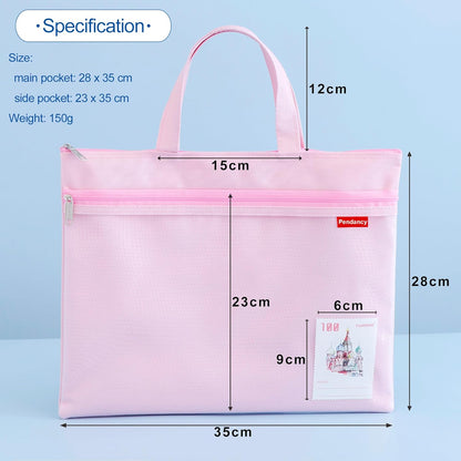 Mesh Zipper Pouch A4 Size, Large Double Pocket Waterproof File Bag with Handle, 11x13.8 in Foldable Document Storage for Puzzle Project/Cross Stitch/Travel/Office（Advanced Pink）