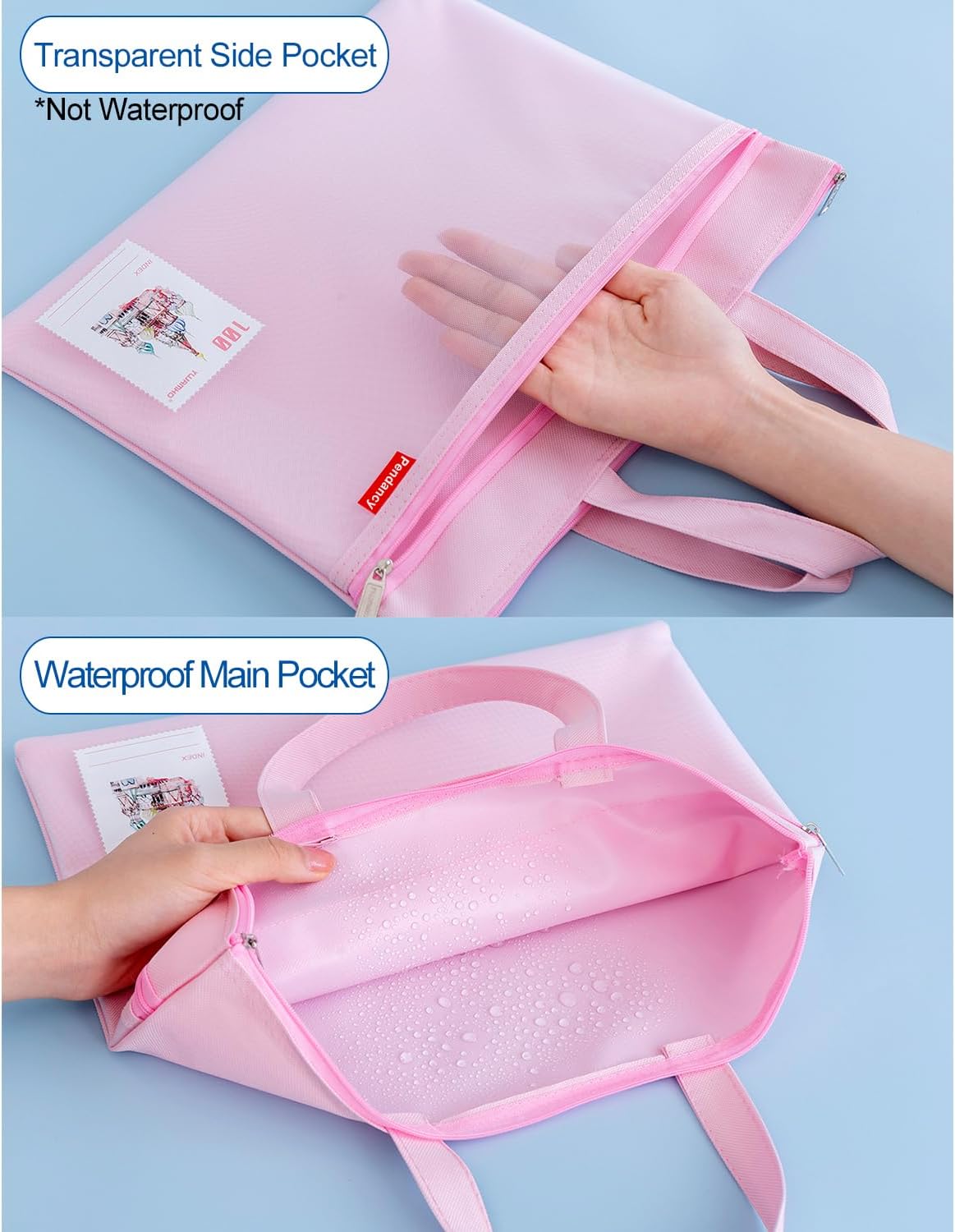 Mesh Zipper Pouch A4 Size, Large Double Pocket Waterproof File Bag with Handle, 11x13.8 in Foldable Document Storage for Puzzle Project/Cross Stitch/Travel/Office（Advanced Pink）