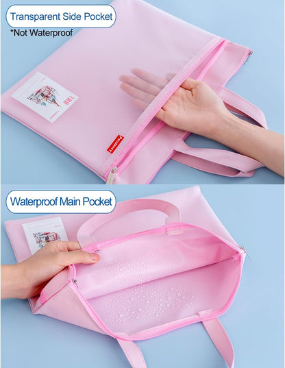 Mesh Zipper Pouch A4 Size, Large Double Pocket Waterproof File Bag with Handle, 11x13.8 in Foldable Document Storage for Puzzle Project/Cross Stitch/Travel/Office（Advanced Pink）