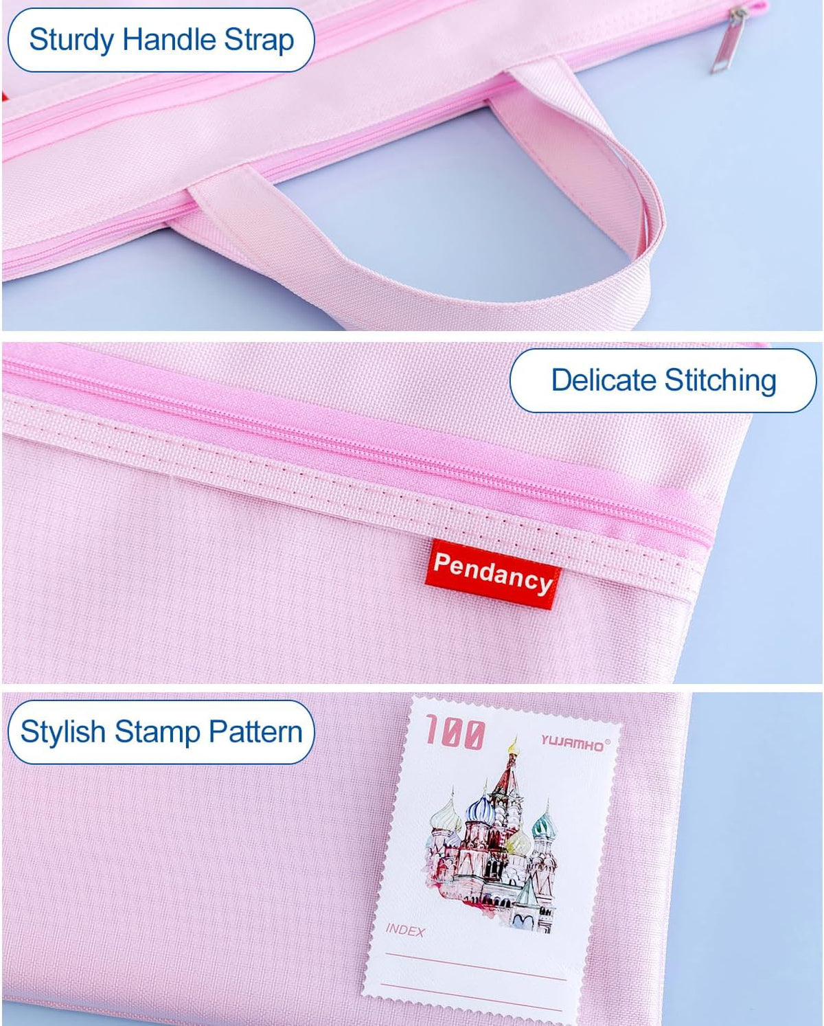 Mesh Zipper Pouch A4 Size, Large Double Pocket Waterproof File Bag with Handle, 11x13.8 in Foldable Document Storage for Puzzle Project/Cross Stitch/Travel/Office（Advanced Pink）