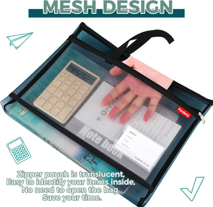Mesh Zipper Pouch A4 Size, Large Double Pocket Waterproof File Bag with Handle, 11x13.8 in Foldable Document Storage for Puzzle Project/Cross Stitch/Travel/Office（Advanced Pink）