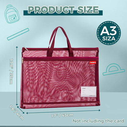 Mesh Zipper Pouch A4 Size, Large Double Pocket Waterproof File Bag with Handle, 11x13.8 in Foldable Document Storage for Puzzle Project/Cross Stitch/Travel/Office（Advanced Pink）