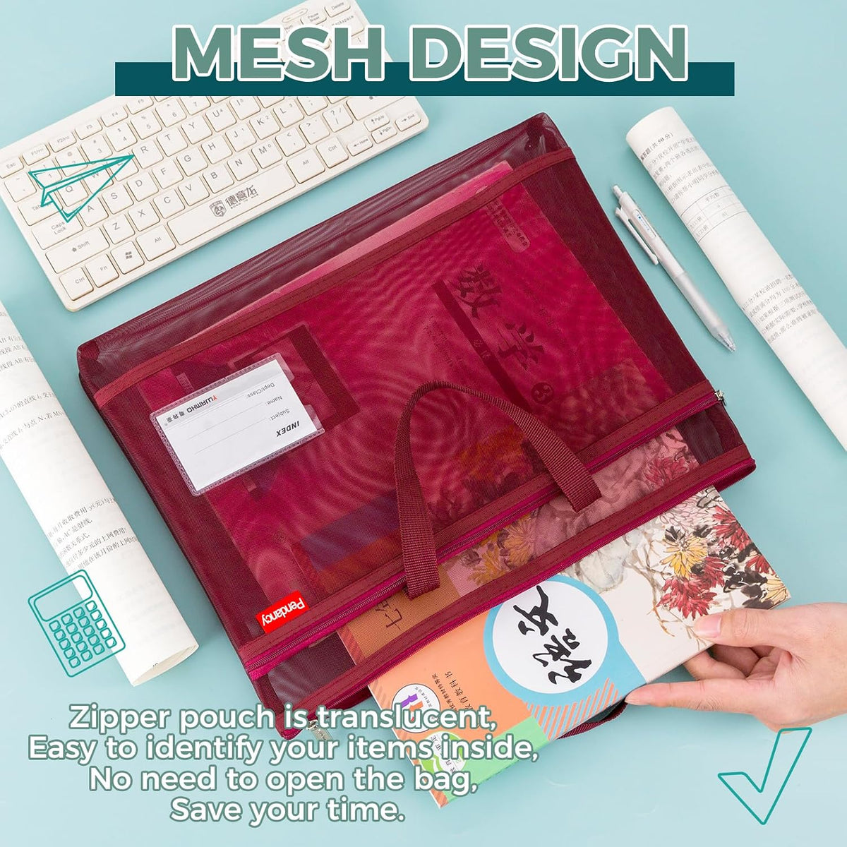 Mesh Zipper Pouch A4 Size, Large Double Pocket Waterproof File Bag with Handle, 11x13.8 in Foldable Document Storage for Puzzle Project/Cross Stitch/Travel/Office（Advanced Pink）