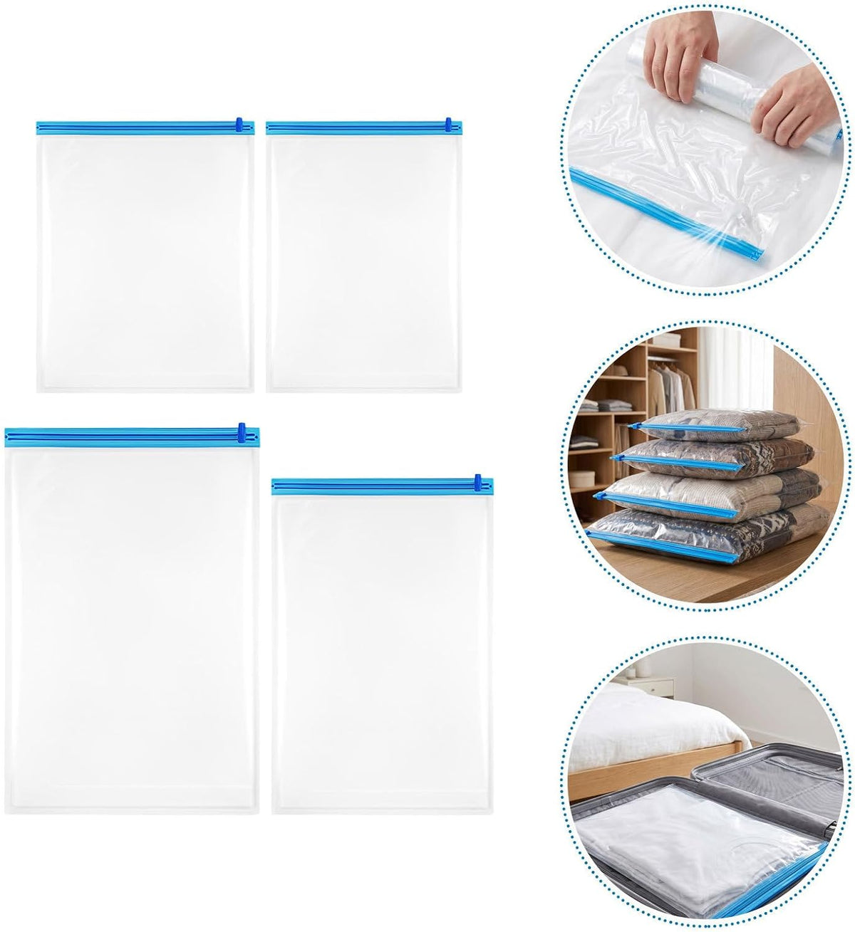 Roll up Compression Storage Bags Space Saving and Reusable Self Vacuum Bags 8pcs for Clothes and Bed Linens for Travel and Business Trips