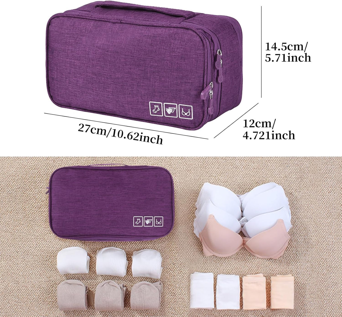 Travel Underwear Bra Organizer Bag, Large Capacity Travel Packing Organizer Waterproof Three Layer Packing Cube for Underwear, Socks, Toiletries, Cosmetics, Clothes, Towels - Black