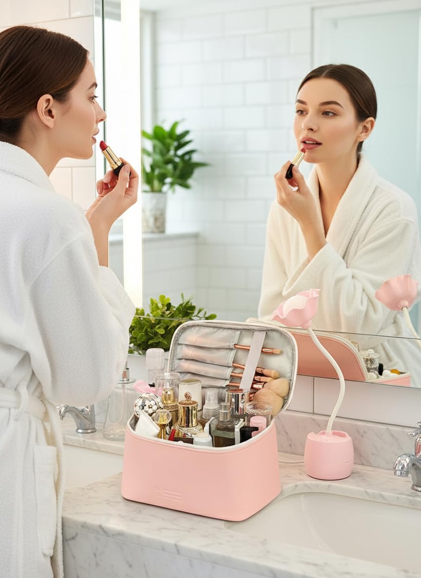 Makeup Bag Large Cosmetic Bags for Women Girls Cute Travel Zipper Pouch Toiletry Organizer for Beauty Essentials Waterproof (Light Pink)