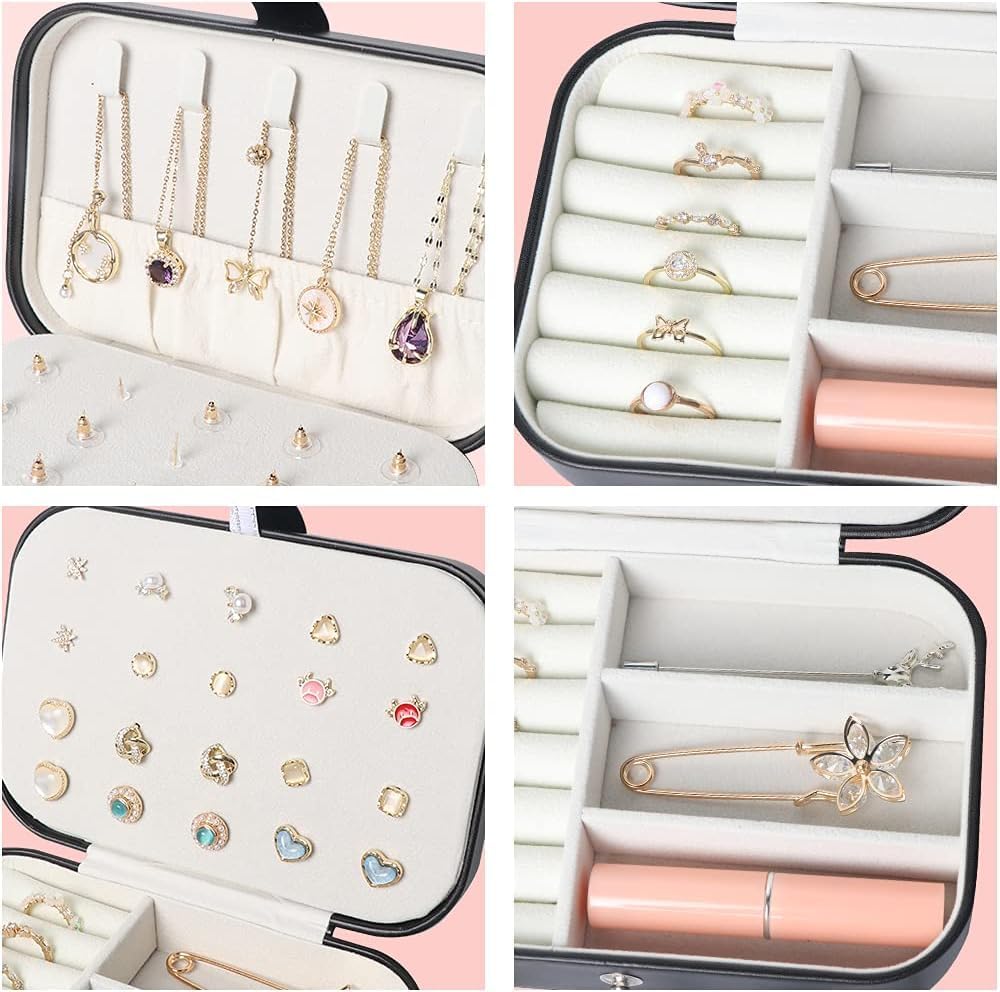 Travel Jewelry Box, Small Jewelry Organizer Boxes for Women Girls, 2 Layer Travel Jewlery Case, PU Leather Mini Portable Jewerly Storage Display Holder for Earrings, Ring, Necklaces, Bracelets - Green