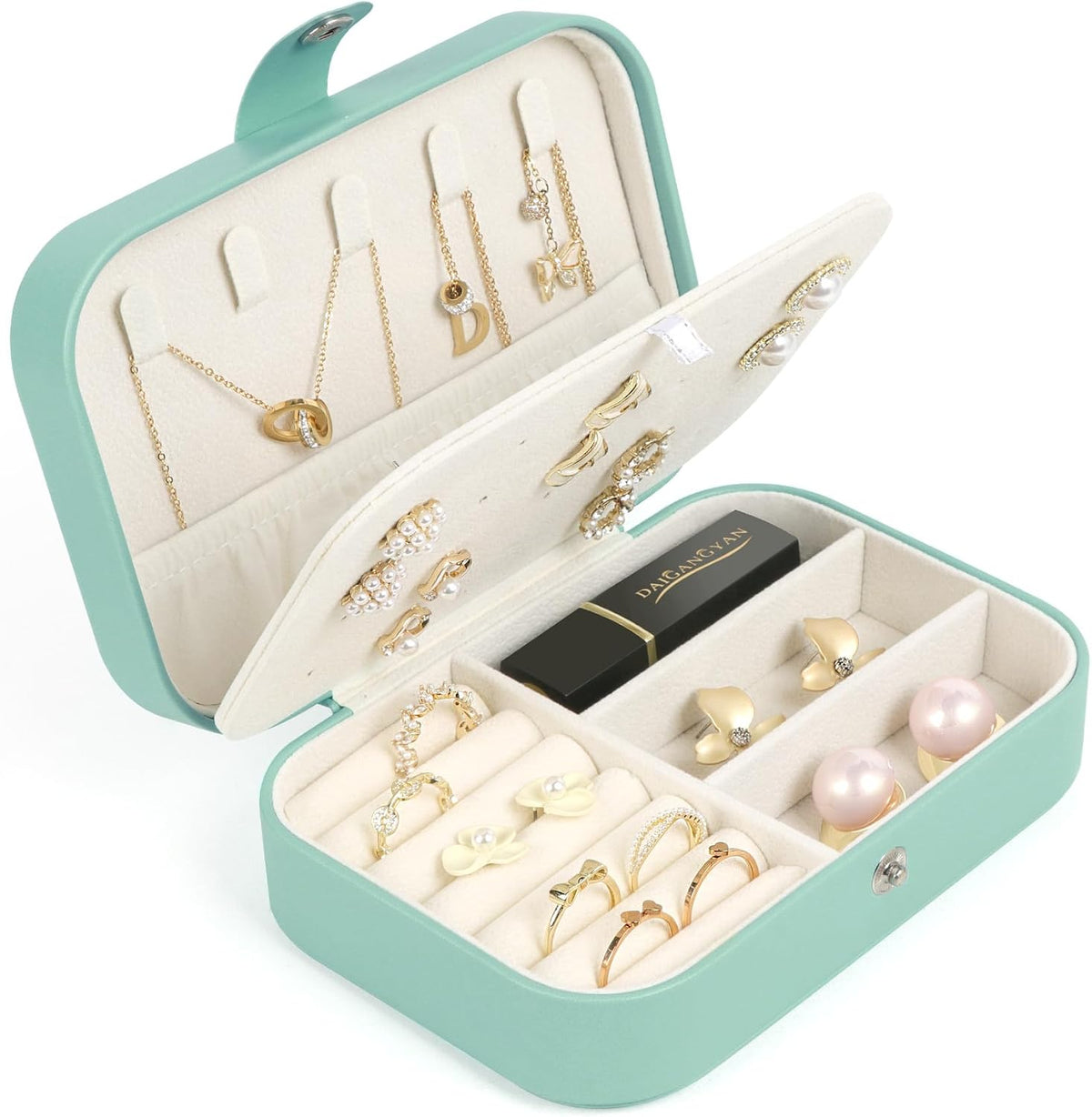 Travel Jewelry Box, Small Jewelry Organizer Boxes for Women Girls, 2 Layer Travel Jewlery Case, PU Leather Mini Portable Jewerly Storage Display Holder for Earrings, Ring, Necklaces, Bracelets - Green