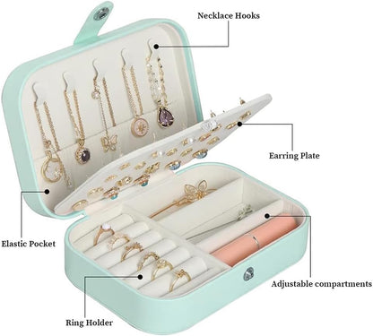 Travel Jewelry Box, Small Jewelry Organizer Boxes for Women Girls, 2 Layer Travel Jewlery Case, PU Leather Mini Portable Jewerly Storage Display Holder for Earrings, Ring, Necklaces, Bracelets - Green
