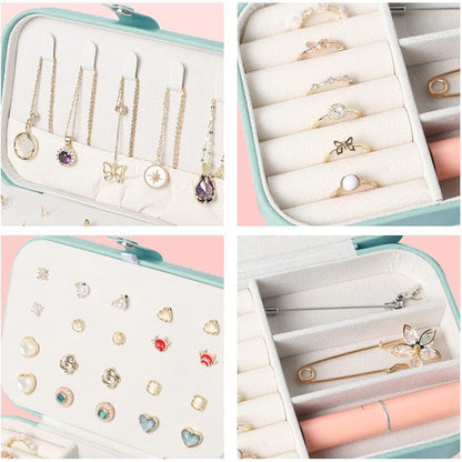 Travel Jewelry Box, Small Jewelry Organizer Boxes for Women Girls, 2 Layer Travel Jewlery Case, PU Leather Mini Portable Jewerly Storage Display Holder for Earrings, Ring, Necklaces, Bracelets - Green
