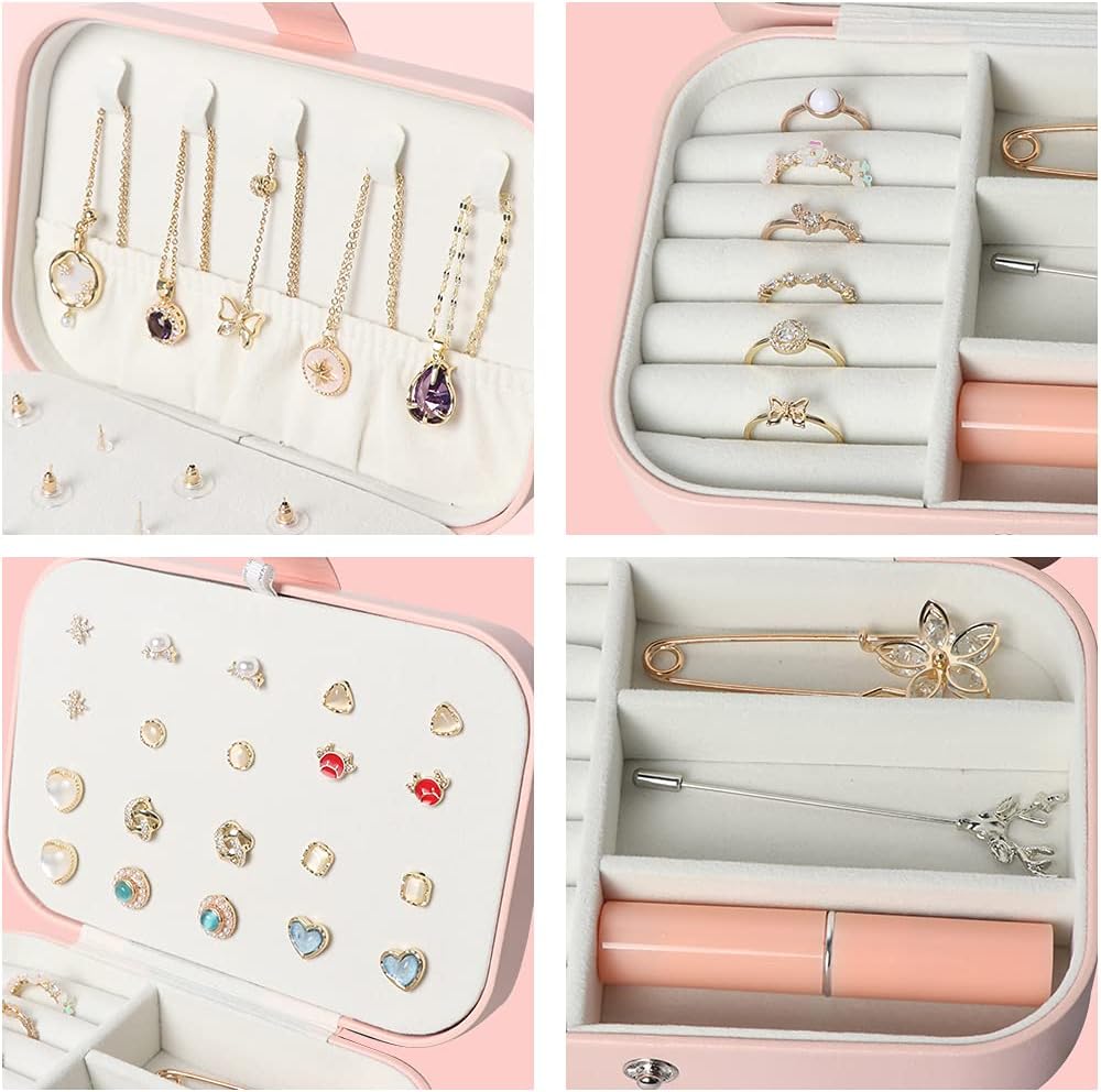 Travel Jewelry Box, Small Jewelry Organizer Boxes for Women Girls, 2 Layer Travel Jewlery Case, PU Leather Mini Portable Jewerly Storage Display Holder for Earrings, Ring, Necklaces, Bracelets - Green