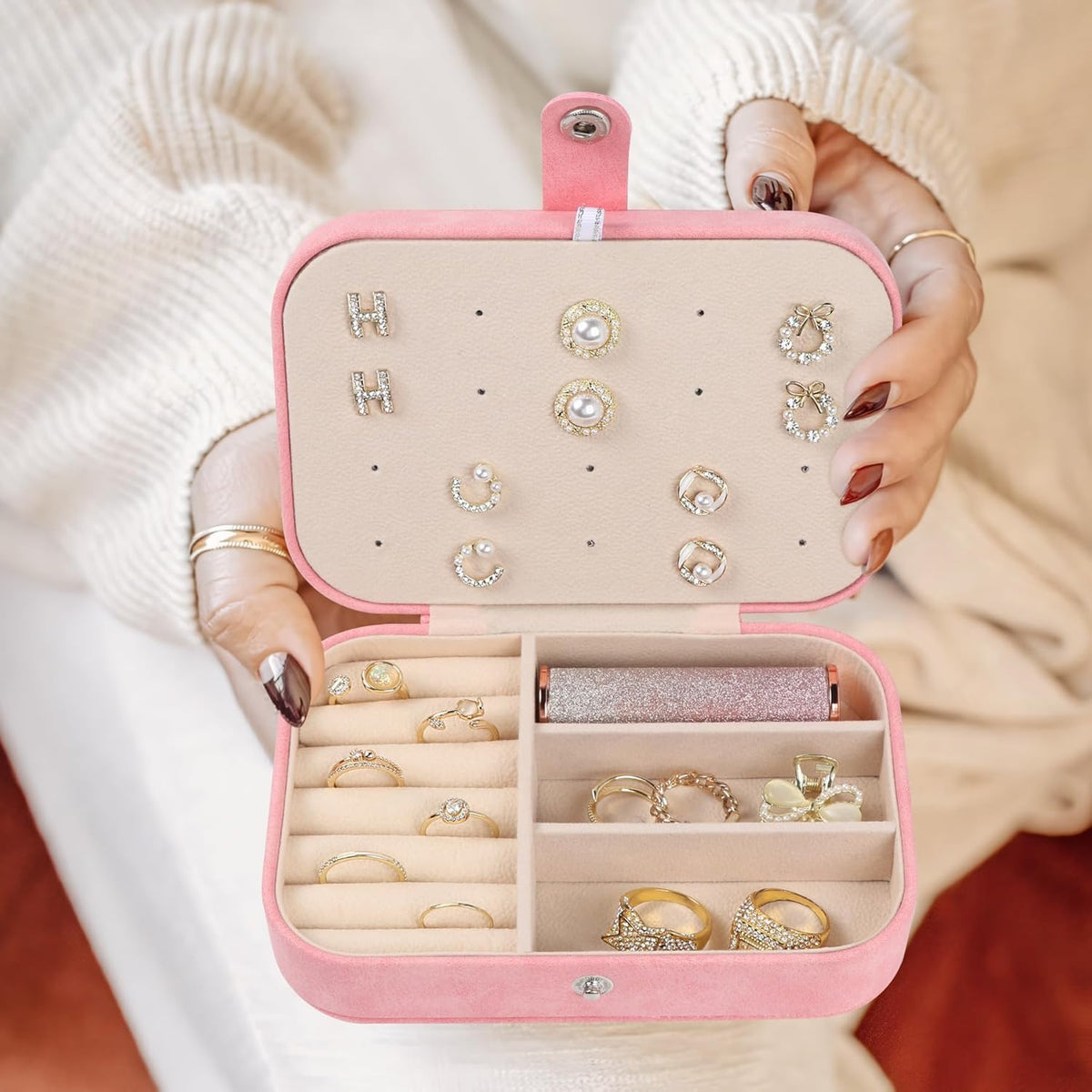 Travel Jewelry Box, Small Jewelry Organizer Boxes for Women Girls, 2 Layer Travel Jewlery Case, PU Leather Mini Portable Jewerly Storage Display Holder for Earrings, Ring, Necklaces, Bracelets - Green