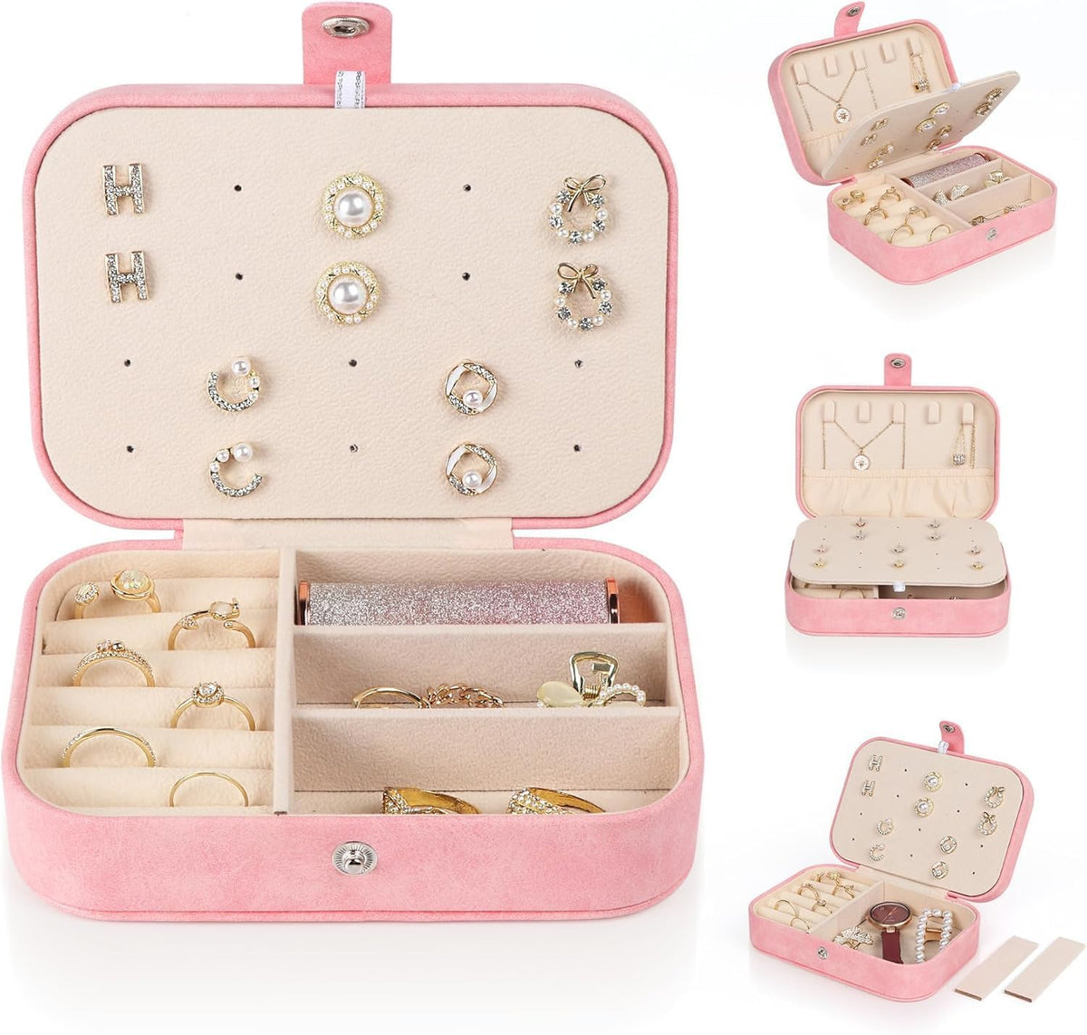 Travel Jewelry Box, Small Jewelry Organizer Boxes for Women Girls, 2 Layer Travel Jewlery Case, PU Leather Mini Portable Jewerly Storage Display Holder for Earrings, Ring, Necklaces, Bracelets - Green