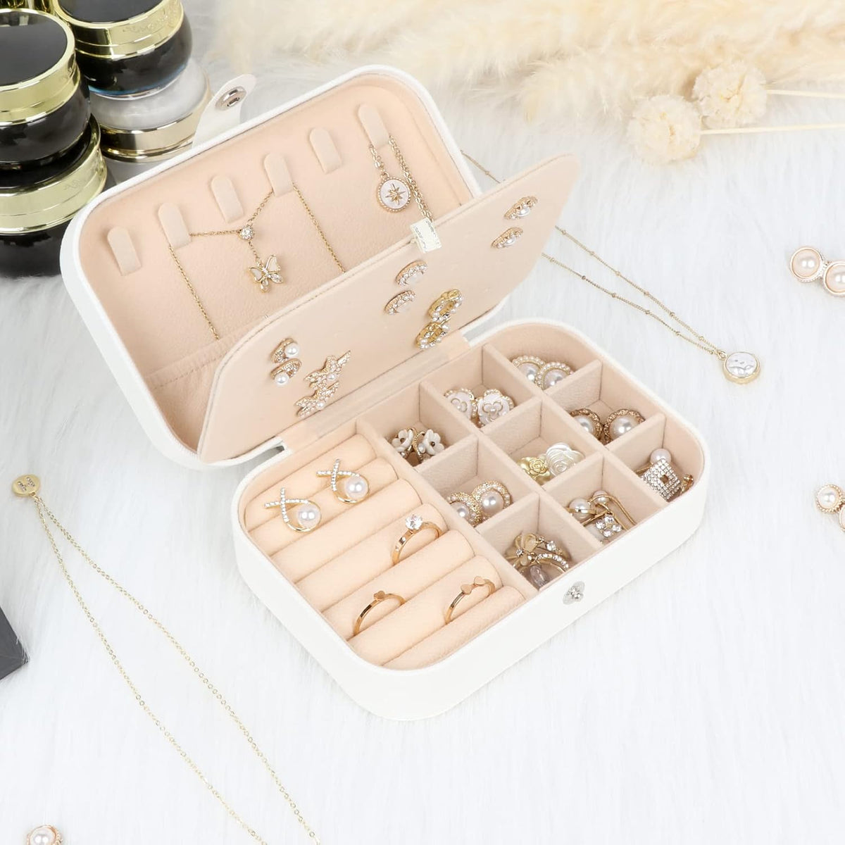 Travel Jewelry Box, Small Jewelry Organizer Boxes for Women Girls, 2 Layer Travel Jewlery Case, PU Leather Mini Portable Jewerly Storage Display Holder for Earrings, Ring, Necklaces, Bracelets - Green