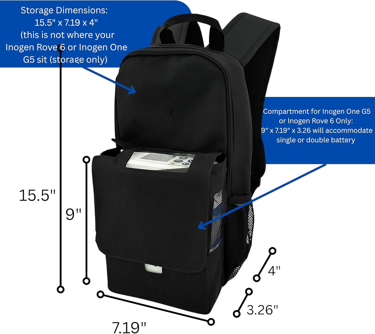 O2TOTES® Inogen One G5 & Rove 6 Backpack - Ultra-Lightweight (<1 lb), Breathable Mesh Pocket, Zippered Bottom & Adjustable Padded Straps