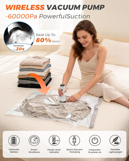 Vacuum Seal Bags for Clothing Travel, 12 Pack Vacuum Storage Bags for Clothes with Portable Electric Pump, Space Saver Bags for Luggage Traveling and Clothing