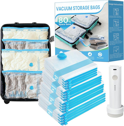 Vacuum Seal Bags for Clothing Travel, 12 Pack Vacuum Storage Bags for Clothes with Portable Electric Pump, Space Saver Bags for Luggage Traveling and Clothing