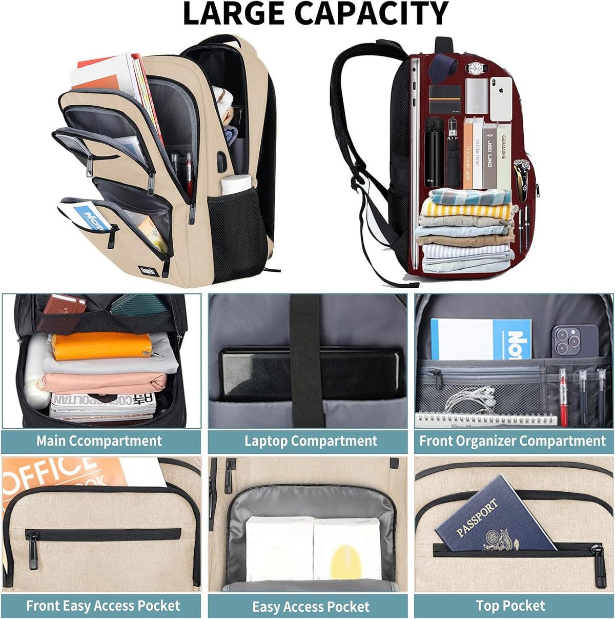 Travel Laptop Backpack, Business Carry on Backpack Flight Approved Backpack, Large Travel Work Backpacks for Men Women with Reinforced Straps, Rucksack Bag, Mochila de viaje, Grey