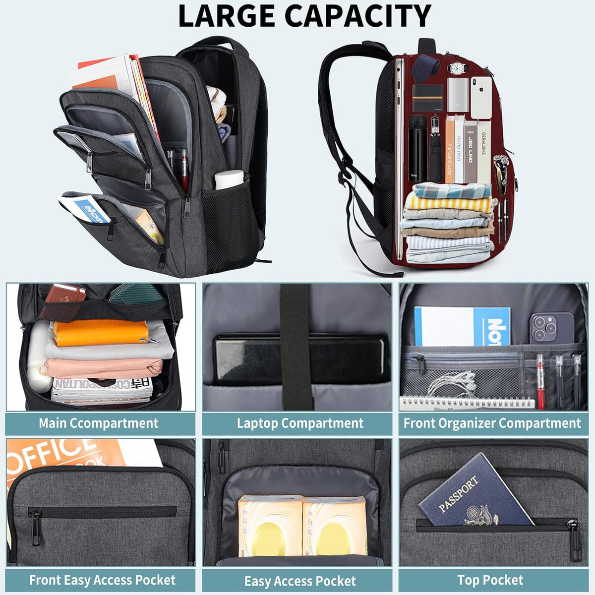 Travel Laptop Backpack, Business Carry on Backpack Flight Approved Backpack, Large Travel Work Backpacks for Men Women with Reinforced Straps, Rucksack Bag, Mochila de viaje, Grey