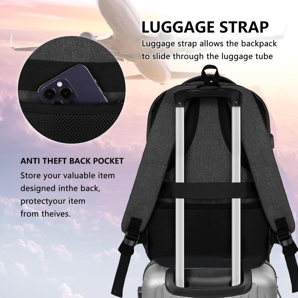 Travel Laptop Backpack, Business Carry on Backpack Flight Approved Backpack, Large Travel Work Backpacks for Men Women with Reinforced Straps, Rucksack Bag, Mochila de viaje, Grey