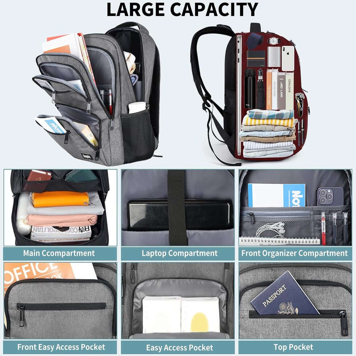 Travel Laptop Backpack, Business Carry on Backpack Flight Approved Backpack, Large Travel Work Backpacks for Men Women with Reinforced Straps, Rucksack Bag, Mochila de viaje, Grey