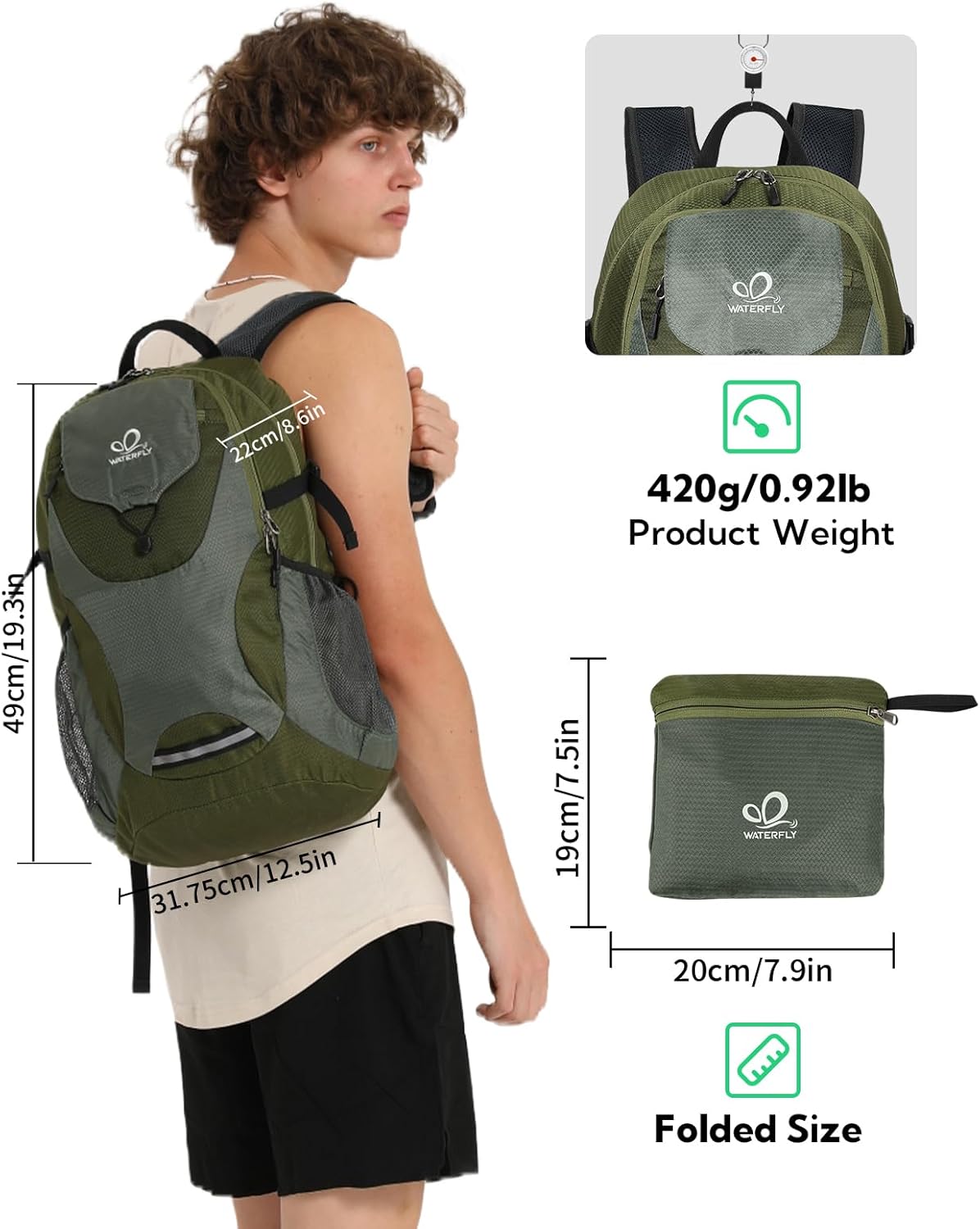 Lightweight Packable Hiking Backpack, 30L Day Pack Blue | Water Resistant Foldable Travel Daypack with Multiple Pockets, Wet Pocket, Ultralight Day Pack for Woman Man, Everyday Carry