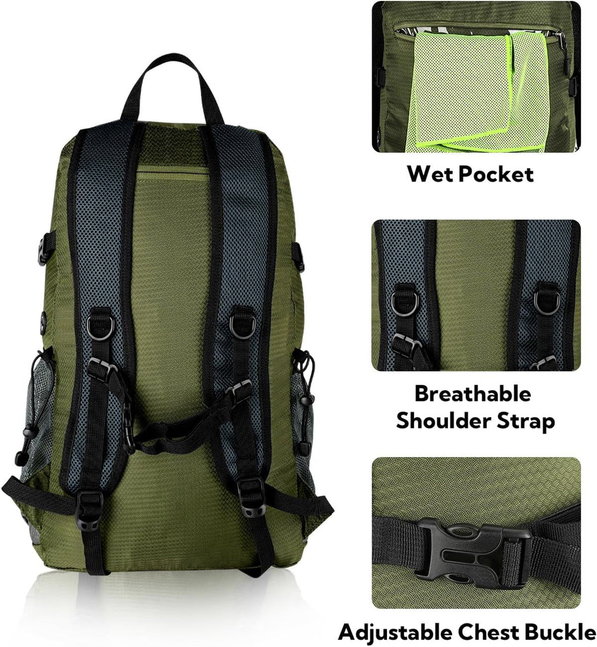 Lightweight Packable Hiking Backpack, 30L Day Pack Blue | Water Resistant Foldable Travel Daypack with Multiple Pockets, Wet Pocket, Ultralight Day Pack for Woman Man, Everyday Carry