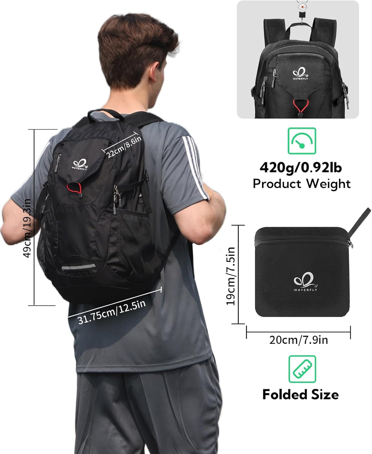 Lightweight Packable Hiking Backpack, 30L Day Pack Blue | Water Resistant Foldable Travel Daypack with Multiple Pockets, Wet Pocket, Ultralight Day Pack for Woman Man, Everyday Carry