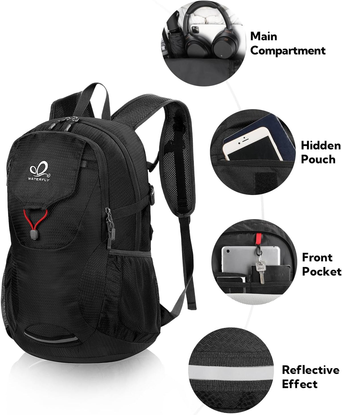 Lightweight Packable Hiking Backpack, 30L Day Pack Blue | Water Resistant Foldable Travel Daypack with Multiple Pockets, Wet Pocket, Ultralight Day Pack for Woman Man, Everyday Carry