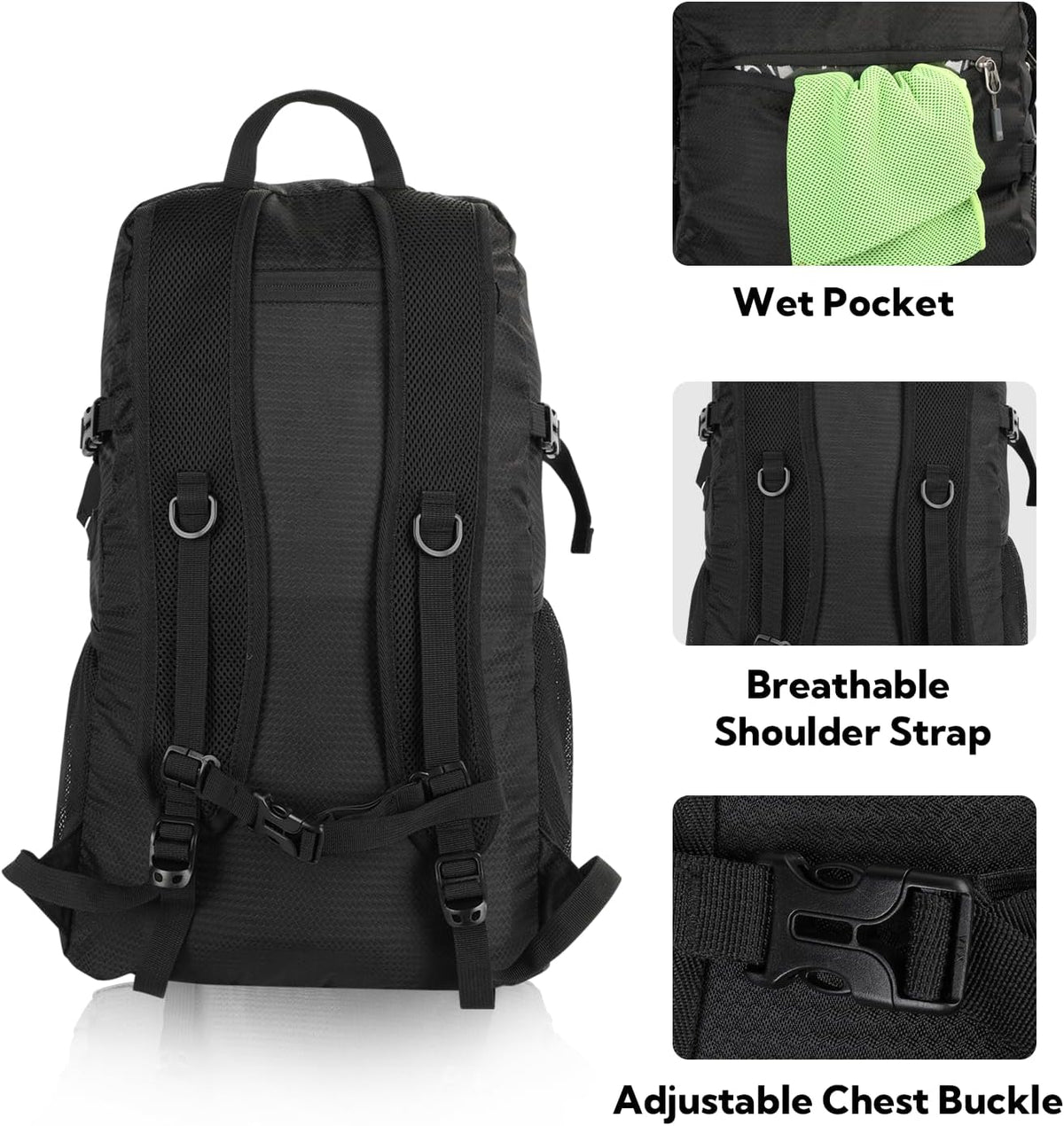 Lightweight Packable Hiking Backpack, 30L Day Pack Blue | Water Resistant Foldable Travel Daypack with Multiple Pockets, Wet Pocket, Ultralight Day Pack for Woman Man, Everyday Carry
