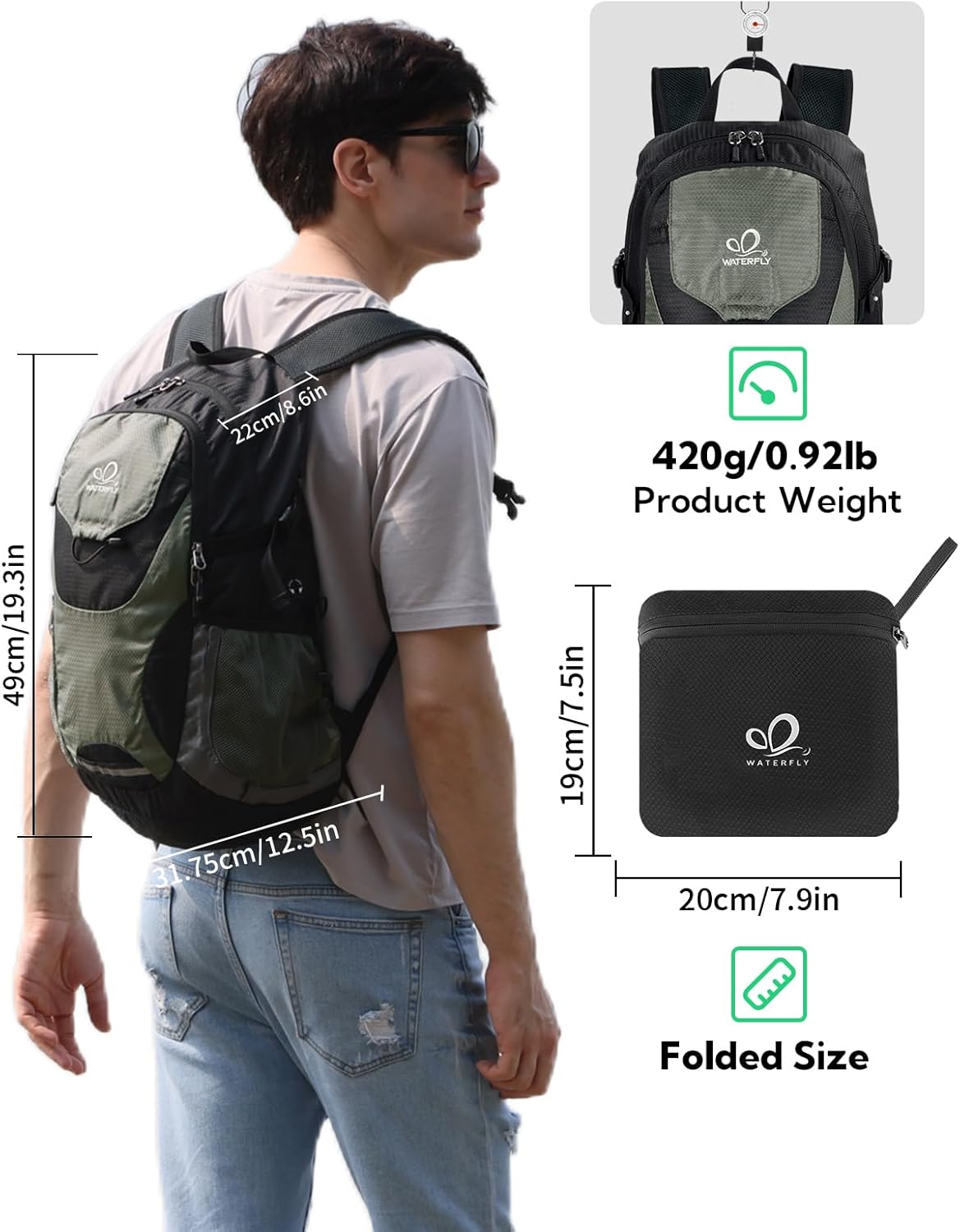 Lightweight Packable Hiking Backpack, 30L Day Pack Blue | Water Resistant Foldable Travel Daypack with Multiple Pockets, Wet Pocket, Ultralight Day Pack for Woman Man, Everyday Carry