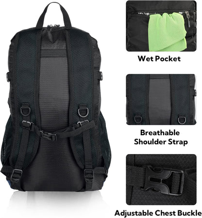 Lightweight Packable Hiking Backpack, 30L Day Pack Blue | Water Resistant Foldable Travel Daypack with Multiple Pockets, Wet Pocket, Ultralight Day Pack for Woman Man, Everyday Carry