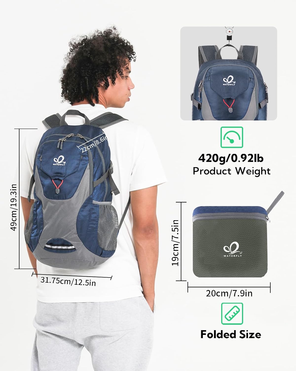 Lightweight Packable Hiking Backpack, 30L Day Pack Blue | Water Resistant Foldable Travel Daypack with Multiple Pockets, Wet Pocket, Ultralight Day Pack for Woman Man, Everyday Carry