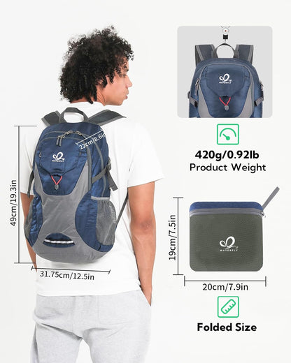 Lightweight Packable Hiking Backpack, 30L Day Pack Blue | Water Resistant Foldable Travel Daypack with Multiple Pockets, Wet Pocket, Ultralight Day Pack for Woman Man, Everyday Carry