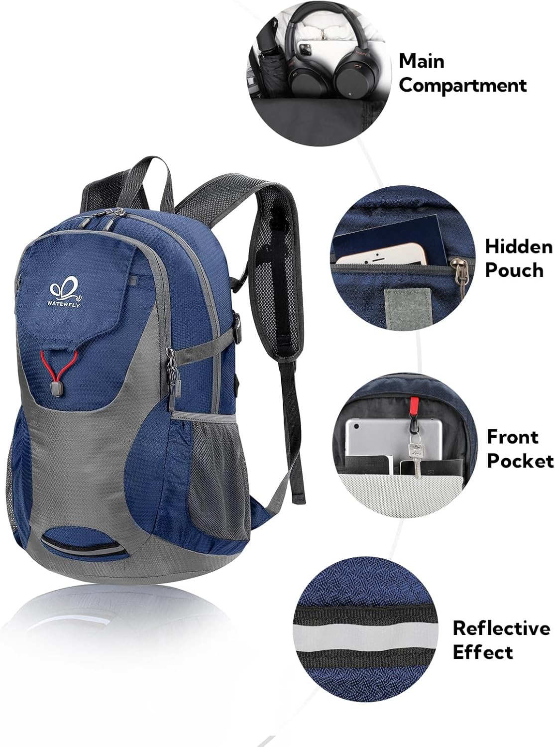 Lightweight Packable Hiking Backpack, 30L Day Pack Blue | Water Resistant Foldable Travel Daypack with Multiple Pockets, Wet Pocket, Ultralight Day Pack for Woman Man, Everyday Carry