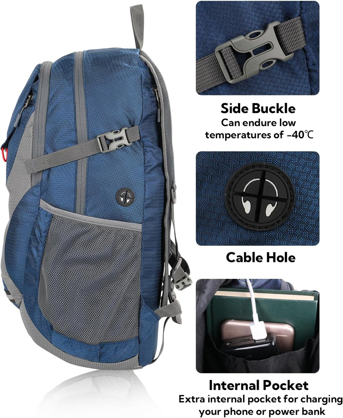 Lightweight Packable Hiking Backpack, 30L Day Pack Blue | Water Resistant Foldable Travel Daypack with Multiple Pockets, Wet Pocket, Ultralight Day Pack for Woman Man, Everyday Carry