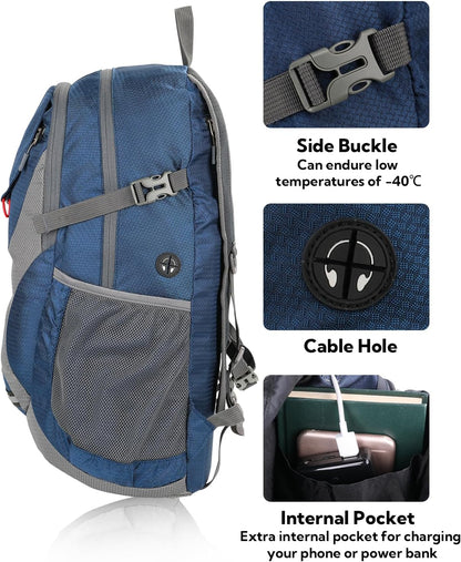 Lightweight Packable Hiking Backpack, 30L Day Pack Blue | Water Resistant Foldable Travel Daypack with Multiple Pockets, Wet Pocket, Ultralight Day Pack for Woman Man, Everyday Carry