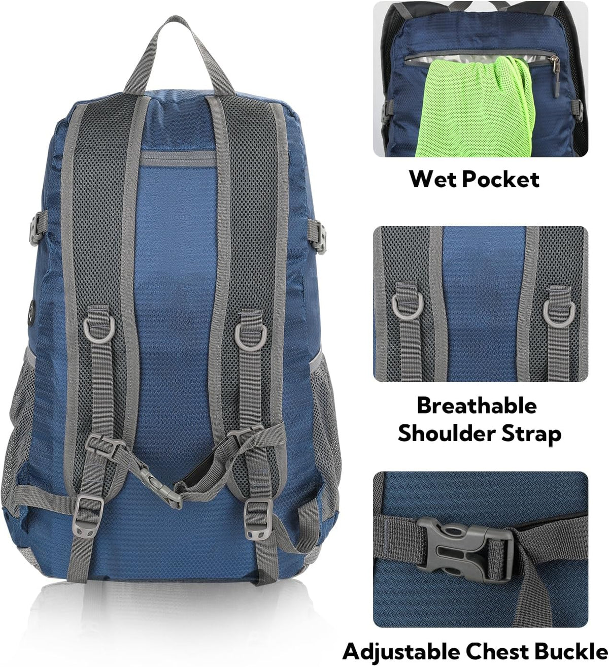 Lightweight Packable Hiking Backpack, 30L Day Pack Blue | Water Resistant Foldable Travel Daypack with Multiple Pockets, Wet Pocket, Ultralight Day Pack for Woman Man, Everyday Carry