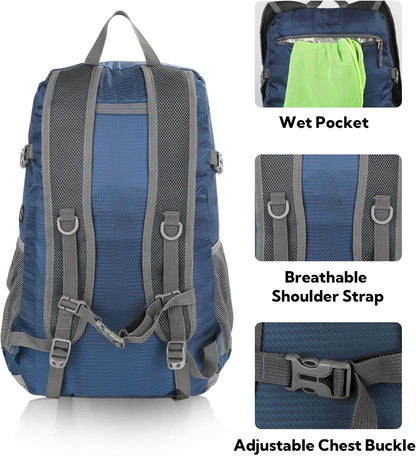 Lightweight Packable Hiking Backpack, 30L Day Pack Blue | Water Resistant Foldable Travel Daypack with Multiple Pockets, Wet Pocket, Ultralight Day Pack for Woman Man, Everyday Carry