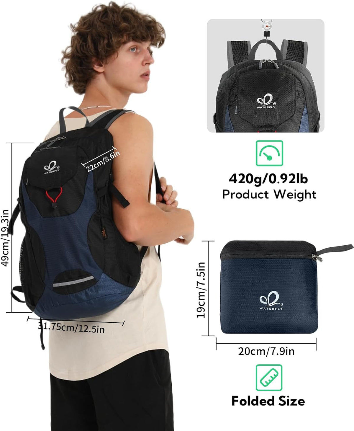 Lightweight Packable Hiking Backpack, 30L Day Pack Blue | Water Resistant Foldable Travel Daypack with Multiple Pockets, Wet Pocket, Ultralight Day Pack for Woman Man, Everyday Carry