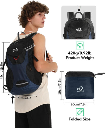 Lightweight Packable Hiking Backpack, 30L Day Pack Blue | Water Resistant Foldable Travel Daypack with Multiple Pockets, Wet Pocket, Ultralight Day Pack for Woman Man, Everyday Carry