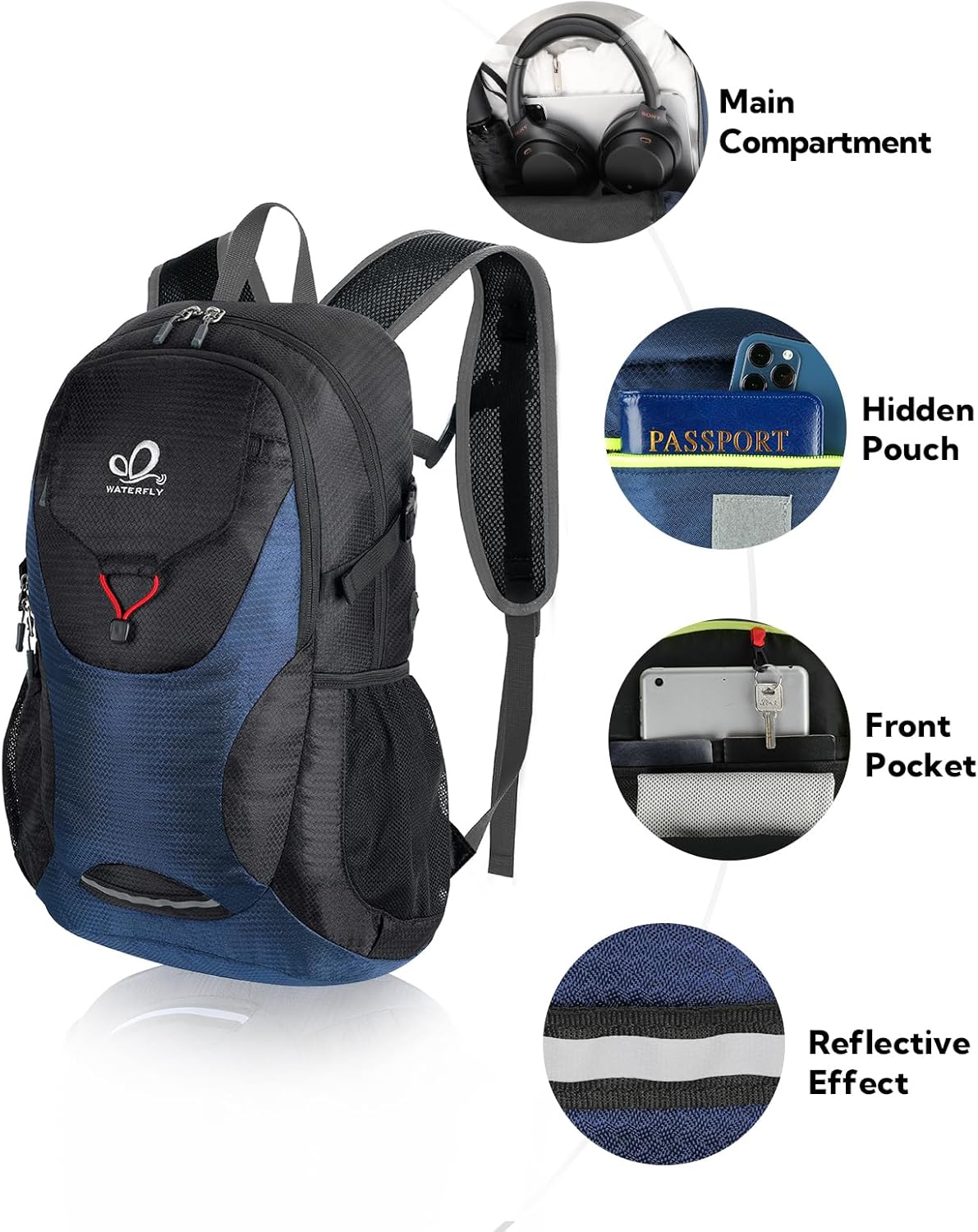 Lightweight Packable Hiking Backpack, 30L Day Pack Blue | Water Resistant Foldable Travel Daypack with Multiple Pockets, Wet Pocket, Ultralight Day Pack for Woman Man, Everyday Carry