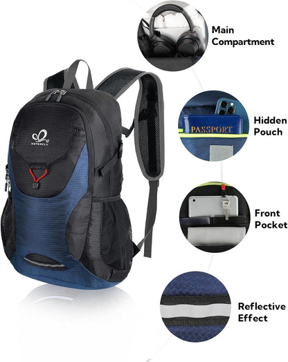 Lightweight Packable Hiking Backpack, 30L Day Pack Blue | Water Resistant Foldable Travel Daypack with Multiple Pockets, Wet Pocket, Ultralight Day Pack for Woman Man, Everyday Carry