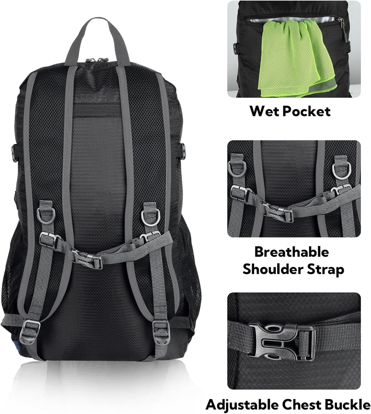 Lightweight Packable Hiking Backpack, 30L Day Pack Blue | Water Resistant Foldable Travel Daypack with Multiple Pockets, Wet Pocket, Ultralight Day Pack for Woman Man, Everyday Carry
