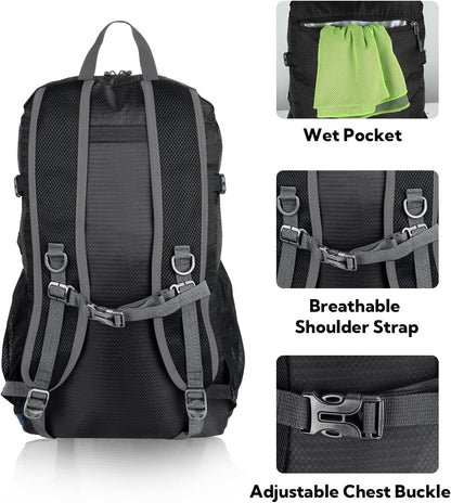 Lightweight Packable Hiking Backpack, 30L Day Pack Blue | Water Resistant Foldable Travel Daypack with Multiple Pockets, Wet Pocket, Ultralight Day Pack for Woman Man, Everyday Carry