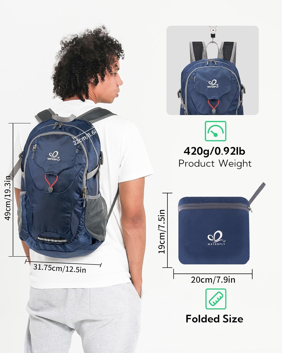 Lightweight Packable Hiking Backpack, 30L Day Pack Blue | Water Resistant Foldable Travel Daypack with Multiple Pockets, Wet Pocket, Ultralight Day Pack for Woman Man, Everyday Carry