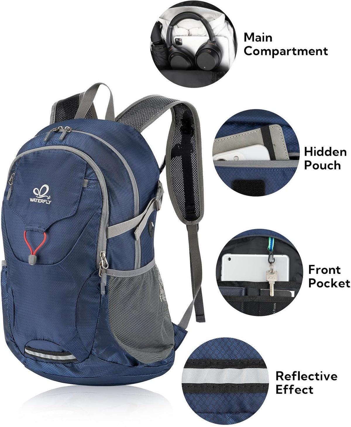 Lightweight Packable Hiking Backpack, 30L Day Pack Blue | Water Resistant Foldable Travel Daypack with Multiple Pockets, Wet Pocket, Ultralight Day Pack for Woman Man, Everyday Carry