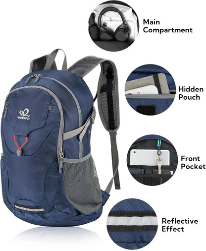 Lightweight Packable Hiking Backpack, 30L Day Pack Blue | Water Resistant Foldable Travel Daypack with Multiple Pockets, Wet Pocket, Ultralight Day Pack for Woman Man, Everyday Carry